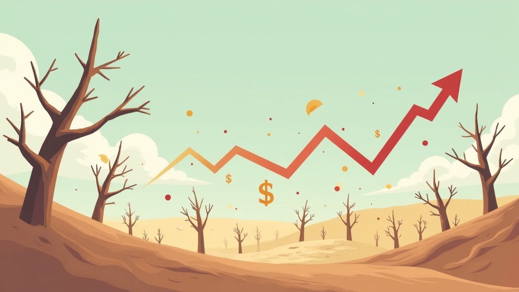 A barren financial landscape with falling stock market arrows and wilting dollar symbols