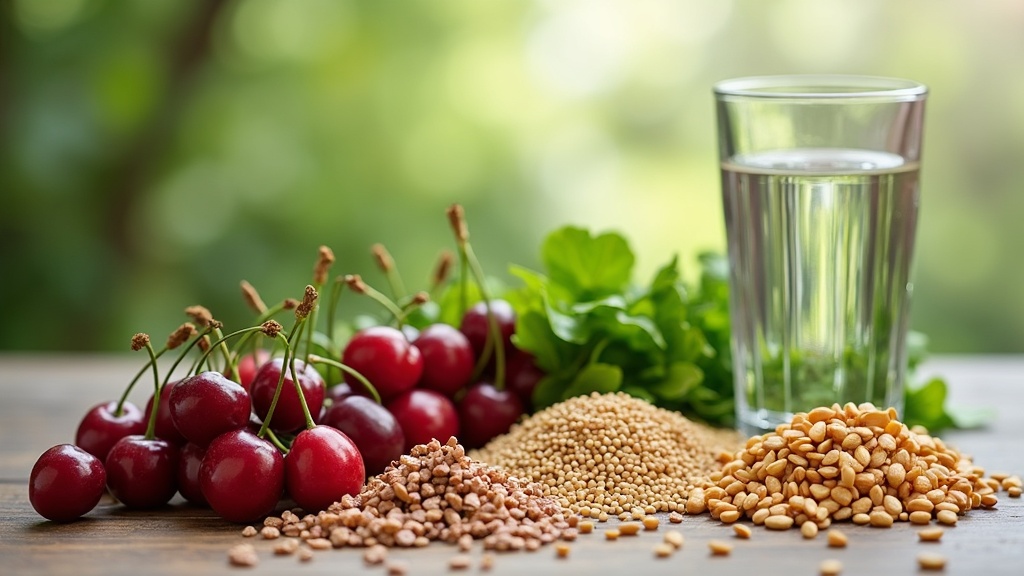 A table with healthy foods that can help reduce gout pain, such as cherries, whole grains, and leafy greens.