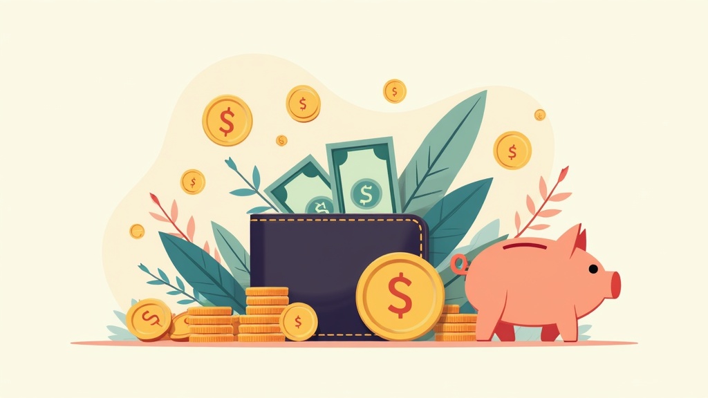 Colorful illustrated wallet, coins, and banknotes on a clean background