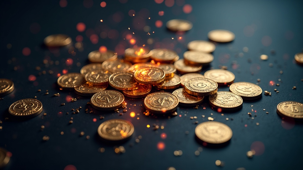 A digital visualization depicting cryptocurrency coins surrounded by abstract warning signs and blurred shadows, evoking the concept of scams and financial secrecy.