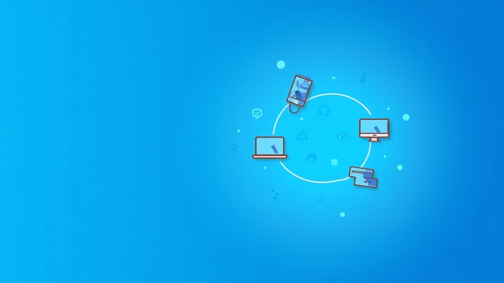 Abstract digital cloud communication with devices and data icons over a blue gradient background, evoking secure messaging and app technology.